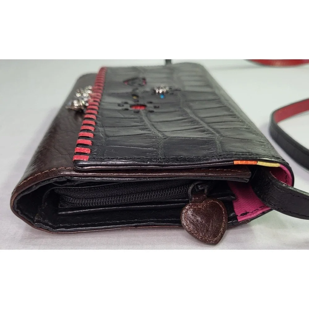 Brighton Crossbody Bag Wallet Purse Croc Embossed Charms Red & Black Strap Heart